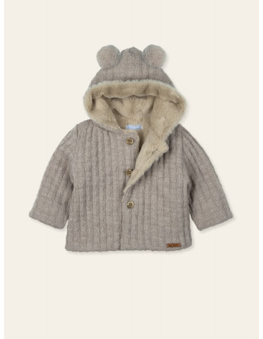 CHAQUETA PUNTO Y PELO CAPUCHA POMPONES