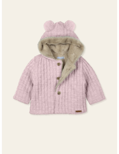 CHAQUETA PUNTO Y PELO CAPUCHA POMPONES