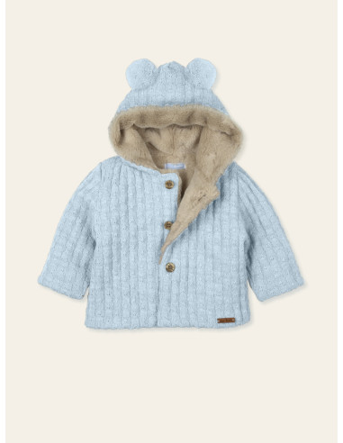 CHAQUETA PUNTO Y PELO CAPUCHA POMPONES