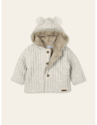 CHAQUETA PUNTO Y PELO CAPUCHA POMPONES