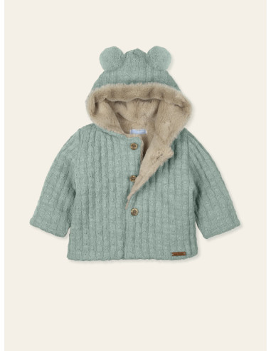 CHAQUETA PUNTO Y PELO CAPUCHA POMPONES